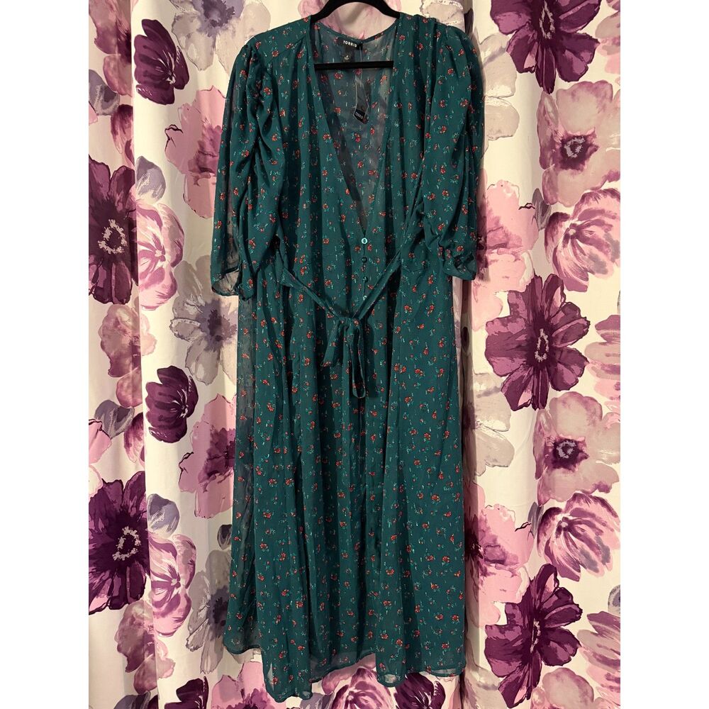 Torrid Floral Teal Chiffon Ruched Sleeve Kimono